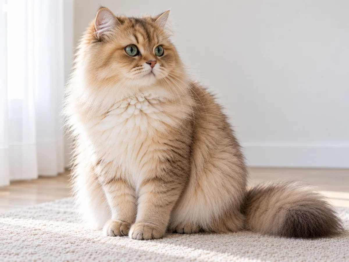 Illustration of a golden British Longhair cat with a round face, full cheeks and green eyes