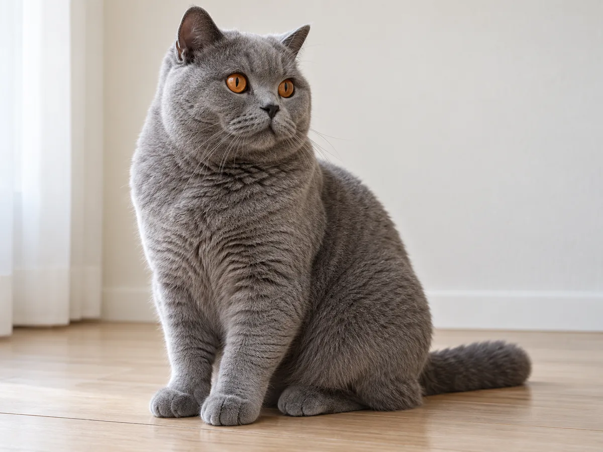 Illustration of an adult blue British Shorthair cat with small upright ears and copper eyes