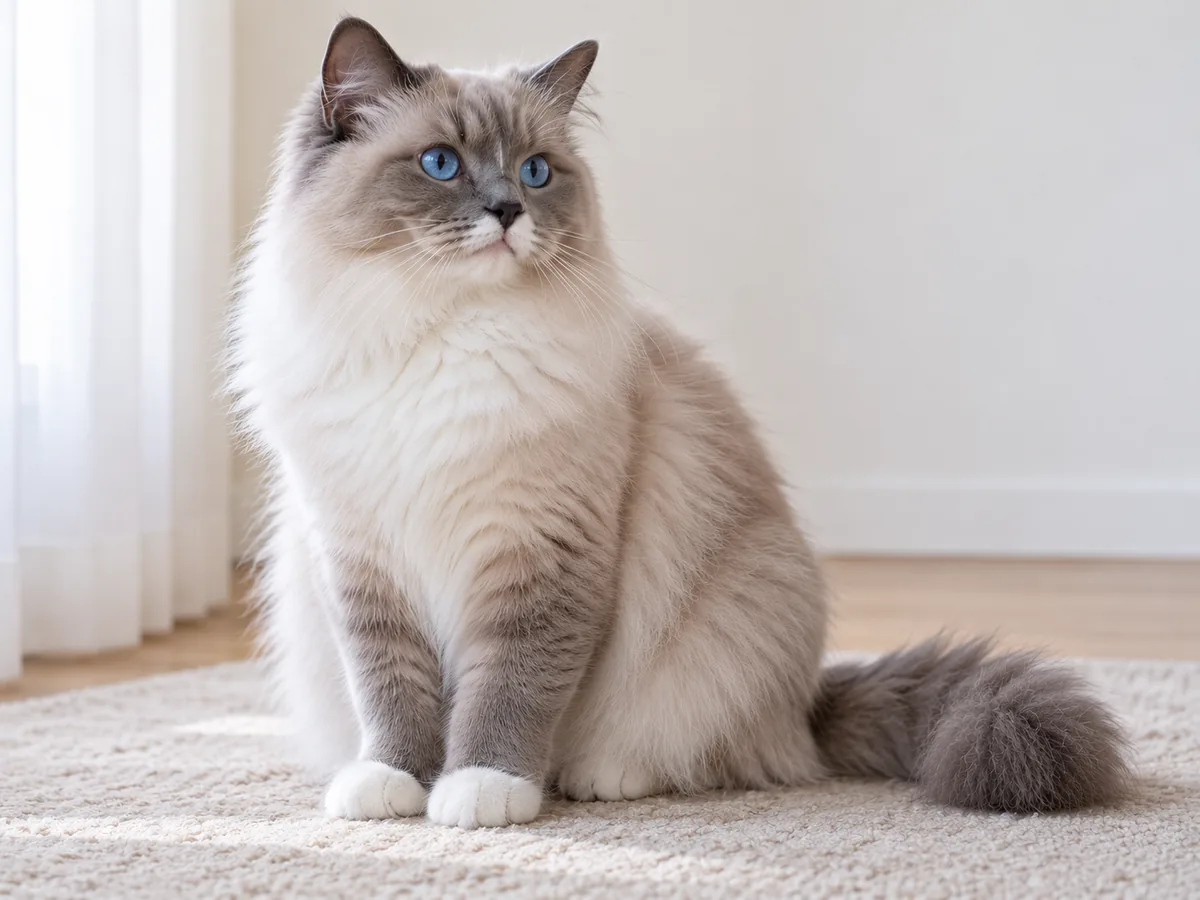 Illustration of a blue mitted Ragdoll cat with gray points, white front paws and a white chin