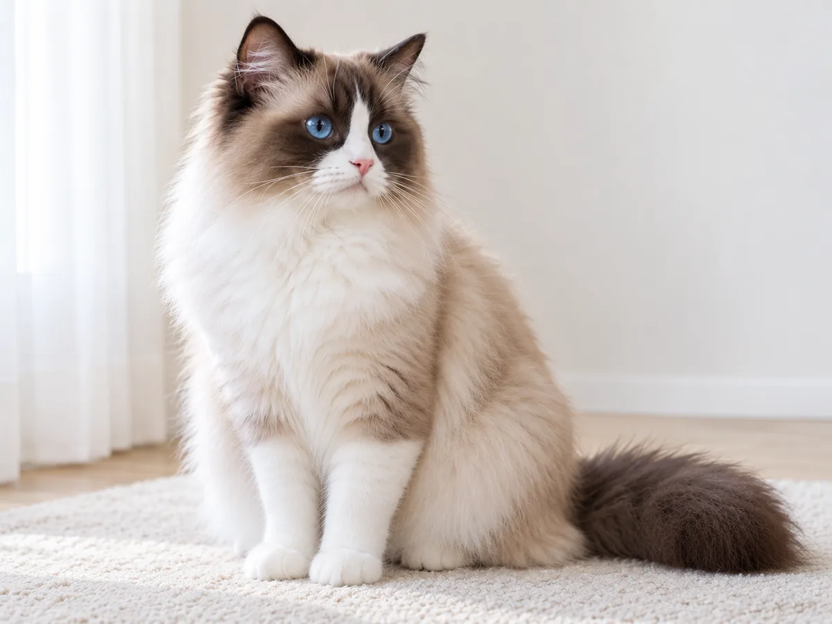 Illustration of a seal bicolor Ragdoll cat with a white inverted V on the face and white legs