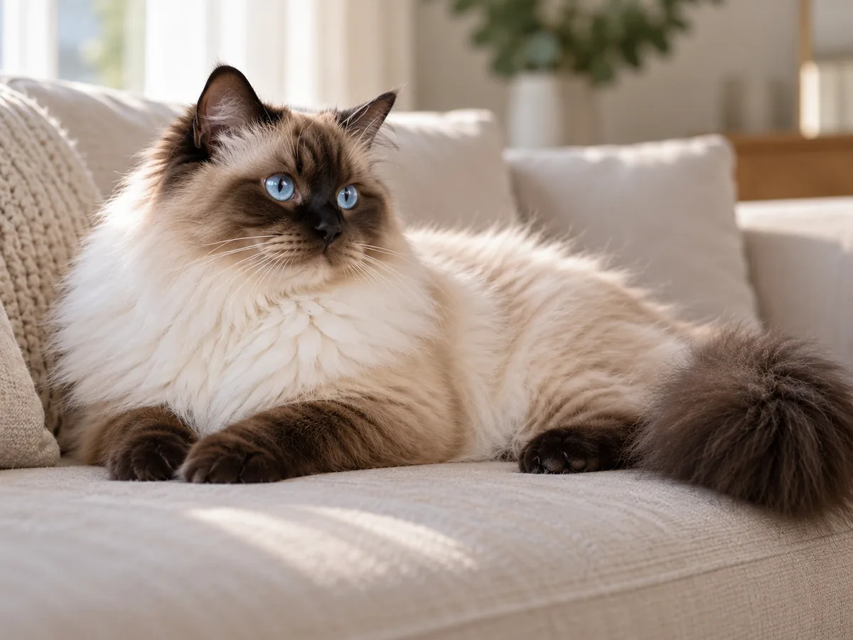 Illustration of a seal colorpoint Ragdoll cat with blue eyes and dark points