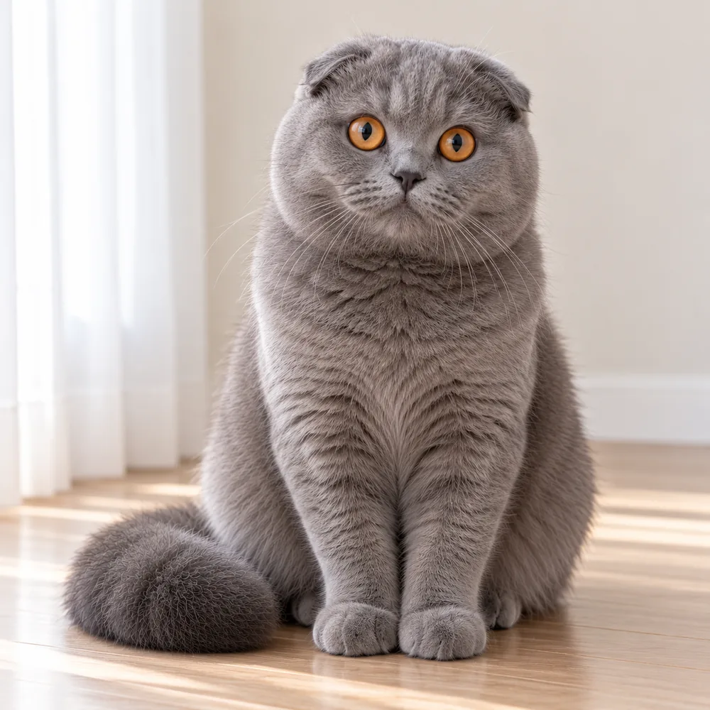 Illustration of a solid blue Scottish Fold cat with folded ears and copper eyes
