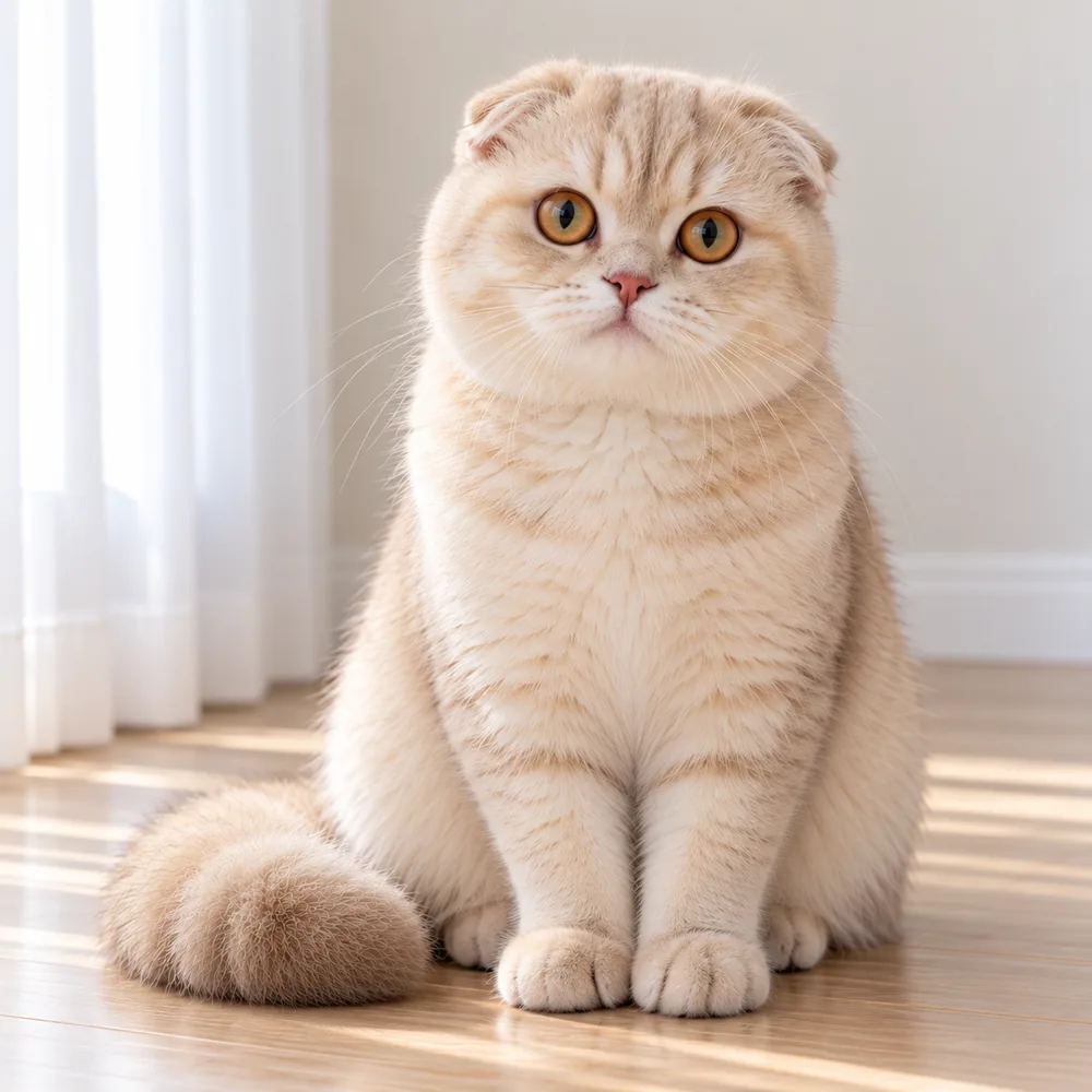 Illustration of a cream Scottish Fold cat with folded ears and copper eyes