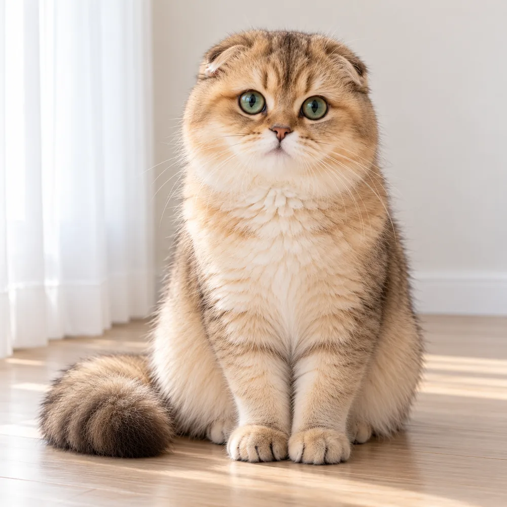 Illustration of a golden Scottish Fold cat with folded ears and green eyes