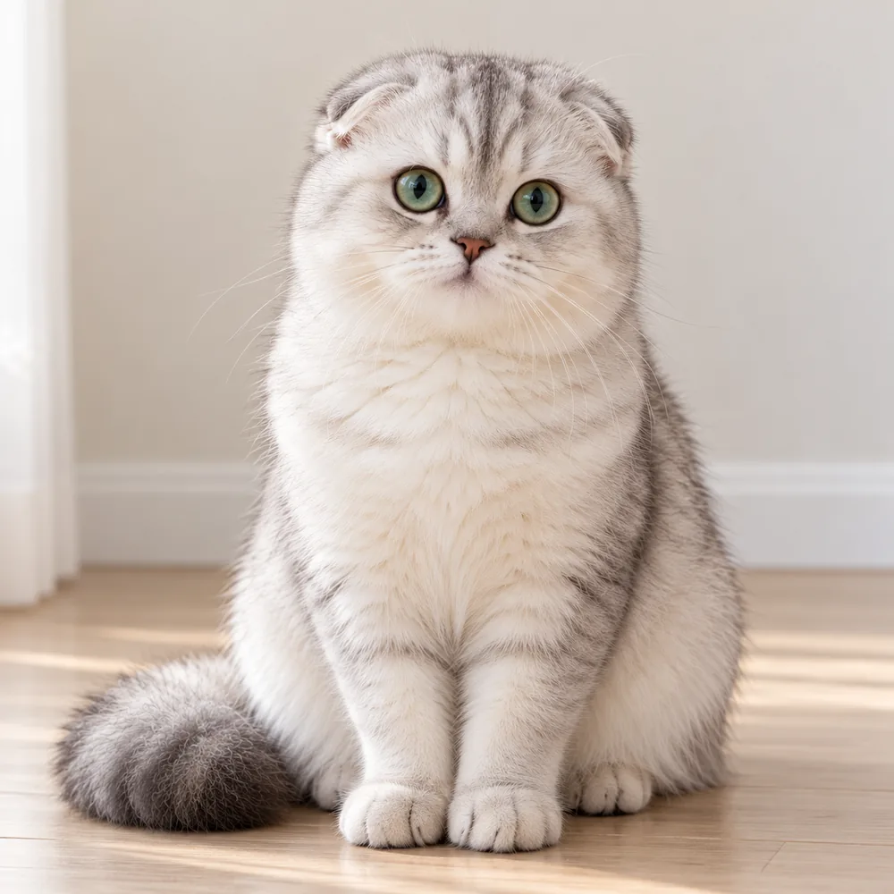 Illustration of a silver Scottish Fold cat with folded ears and green eyes