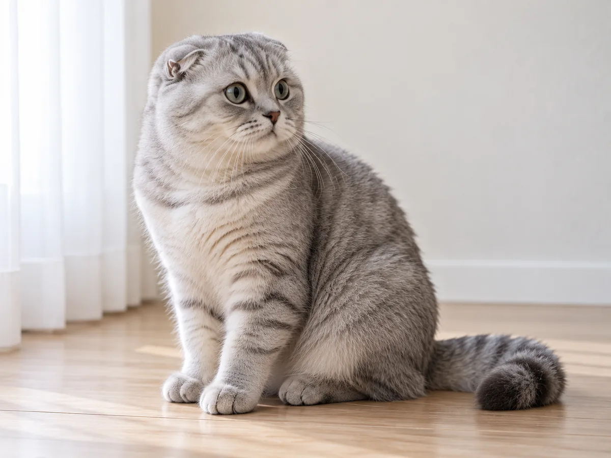 Illustration of an adult silver Scottish Fold cat with ears folded forward and down