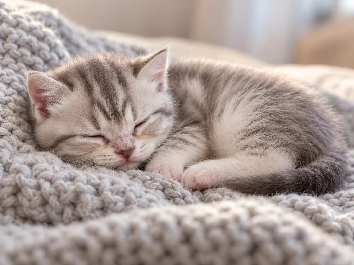 Illustration of a newborn Scottish kitten asleep with small straight ears