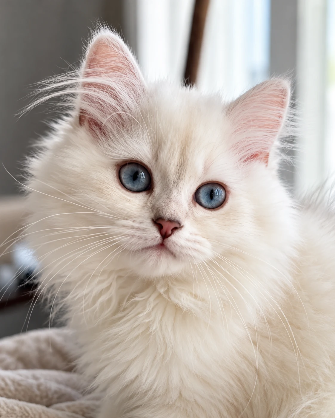 Close-up of Yulia, a fluffy white Scottish Straight kitten with blue eyes and upright ears