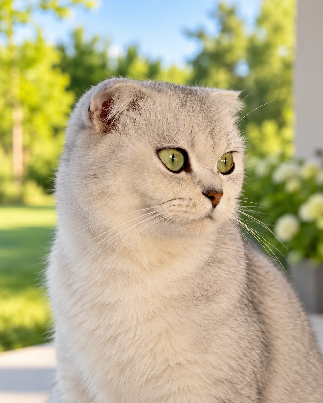 Sonya, a silver Scottish Fold-type cat with folded ears, sitting outside in the sun